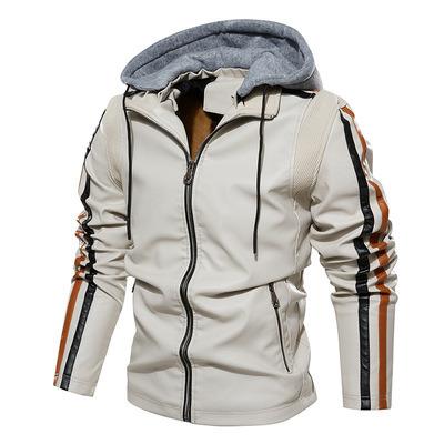 China Sustainable 7901 Men's Leather Jacket Faux PU Leather Hooded Jacket Loose PU Zipper Pocket US Size Jacket for sale