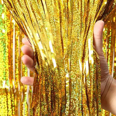 China Festive Laser Gold Metallic Foil Fringe Curtain Rain Background Glitter Foil Curtain for sale