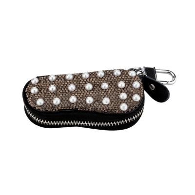 China Luxury Fashion Gray Zippered Crystal Rhinestones Key Case With White Pearl for sale