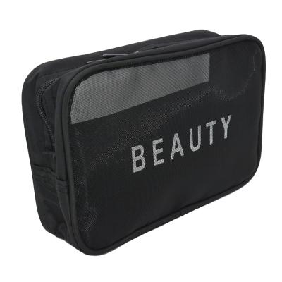 China Fashion Travel Fashion Mesh Makeup Pouch Black Portable Cosmetic Storage Bag With Zipper for sale