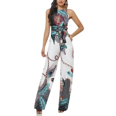 China QUICK DRY Summer Ladies Casual Vintage Printed Wide-Leg Overalls Fashionable Sexy Sleeveless Clothes Loose Fit Overalls With Belt for sale