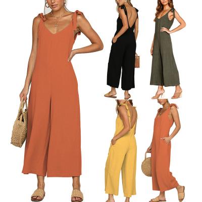 China Summer QUICK DRY Casual V Neck Sleeveless Wide Leg Overalls Cropped Pants Bowknot Sling Overalls Best Selling Monsoon For Women for sale