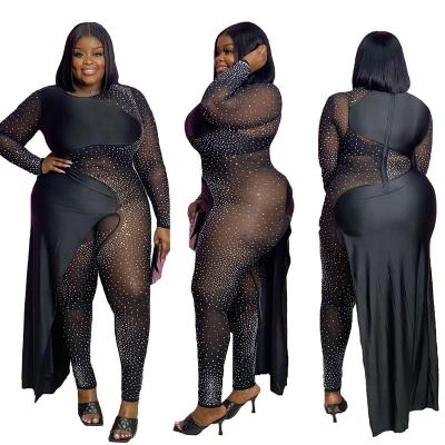 China Hot Sexy Viable Silver Mesh Stitching Round Neck One Piece Black Slim Dress Pants Plus Size Dress Overalls For Fat Women for sale