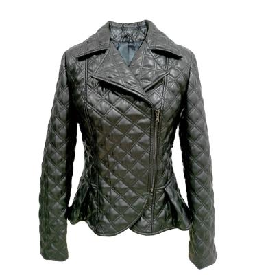 China 3D Quilt Pleated Jacket Ladies' Biker Double Stitch Square PU Biker Jacket Waterproof Geometric Structured Quilted Slim Fabric Ladies' Biker for sale