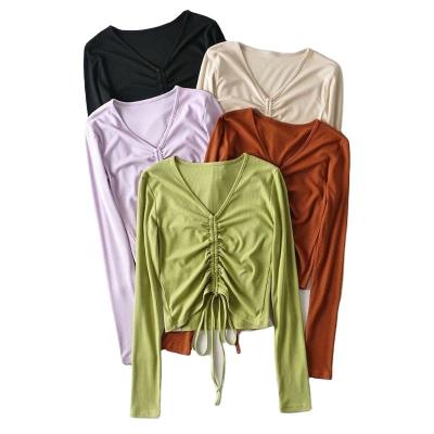 China Breathable Anti-Wrinkle Fashionable Casual Blouse Ruched Lace Up Long Sleeve V-Neck Tops And T-Shirts For Women for sale