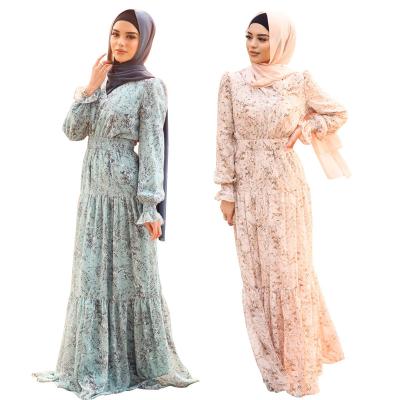 China Anti-Static Islamic Muslim Floral Printing Turkey Long Sleeve Maxi Dress Elegant Chiffon Waist Pleated Islamic Dresses For Women for sale