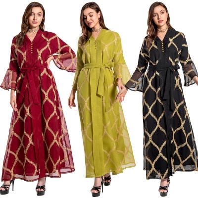 China 2021 Popular Anti-Static Middle Eastern Temperament Embroidery Lace Up Mesh Petal Sleeve Dress Abaya Muslim Dubai Dresses For Women for sale