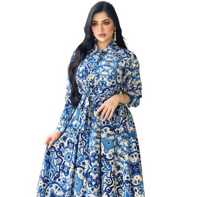 China Anti-Static Muslim Malay Indonesia Southeast Asia Blue And White Porcelain Printed Turn Down Collar Floral Long Sleeve Dress For Women for sale