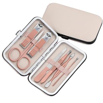 China Pink Manicure Set 7pcs Stainless Steel Manicure Set Eyelash Scissors Nail Clippers Facial Care Tools With PU Case for sale