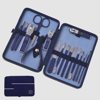 China Professional Blue Manicure Set 16pcs Men Grooming Kit Nail Clippers Pedicure Tools Kit Manicure Set for sale