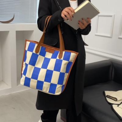 China 100% High Quality Plaids Eco-Friendly Large Capacity Canvas Colorblock Ladies Casual Tote Bags Tote Bags for sale