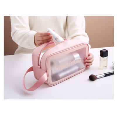 China Custom White Frosted Clear PVC Small Zipper Toiletry Travel Cosmetic Bag Logo Waterproof Ladies Black Pink Wash Toiletries for sale