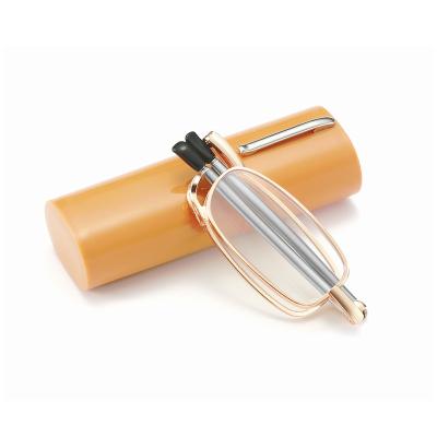 China Relieve Portable Unisex Reading Glasses With Pen Tube Case Metal MINI Reading Eyeglasses Presbyopic Glasses Case for sale