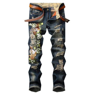 China China Factory New Sustainable Design Skinny Jeans Men Distressed Ripped Hole Mid Waist Embroidered Stacked Jeans Men for sale