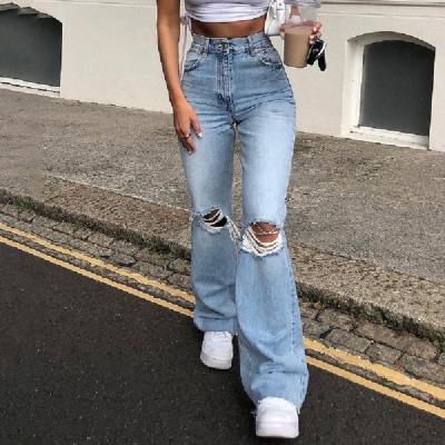 China 2022 New Fashion Sustainable High Quality Women's Wide Leg Pants Hole Distressed Women's Jeans Pants Ripped for sale