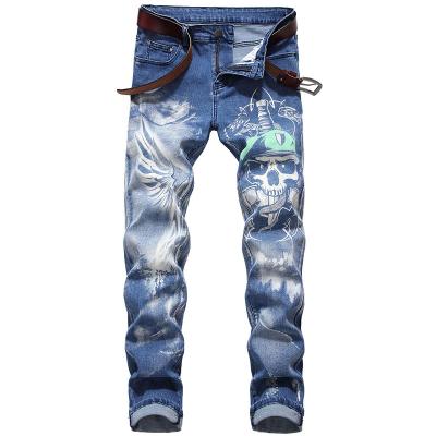 China Personality Italian Fashion Retro Stacked Style Skull Printing Casual Fit Men's Jeans Viable Men's Jeans Denim Pants for sale