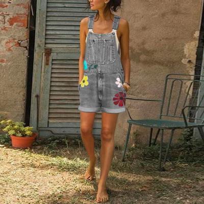 China Sustainable Summer Retro Women's Overall Denim Printing Blue Washed Shorts Loose Fashion Street Plus Size Women's Denim Overall for sale