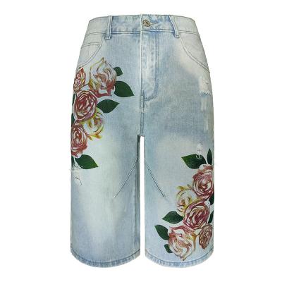 China 2022 Fashion High Waist Women's Jeans Print Blue Ripped Mom Denim Breathable Distressed Loose Shorts for sale