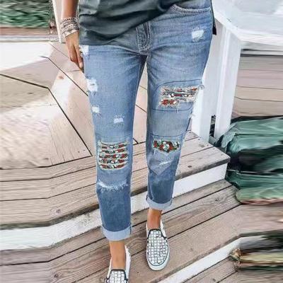 China Viable Wholesale Jeans Fashion Plus Size Women's High Quality Loose Jeans Ripped New To Mom Denim Pants By Blue for sale