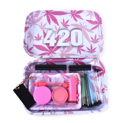 China Durable Custom Made Custom Rolling Machine Tin Rolling Tray Rolling Tray Smoking Tobacco Herb Grinder Set for sale