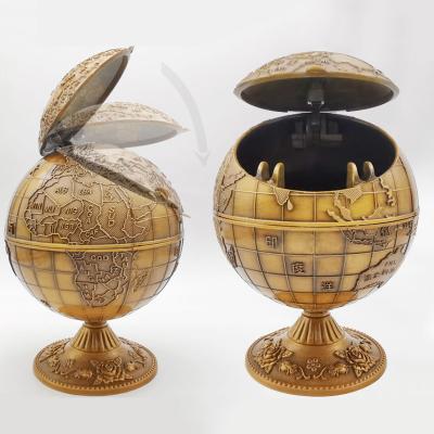 China Vintage Durable World Globe Windproof Ashtray With Lid Cigarette Metal Portable Drop Down Ashtray Men'S Gift Bronze Ashtray for sale