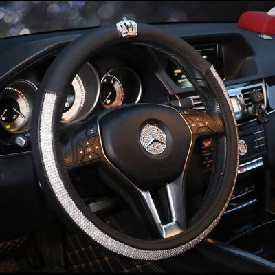 China Universal 15 Inch Women's Accessories Steering Wheel Protector Leather Covered Crystal PU Car Steering Wheel Cover for sale