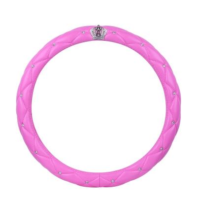 China Beautiful pink leather car steering wheel cover with four seasons diamond and silver crown available in automobile steering wheel cover for sale