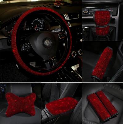 China Fashion Bling Bling Red Headrest Wheel Cover Car Neck Pillow Rhinestone Diamond Rhinestone Car Auto Parts Interior Steering Handbrake for sale