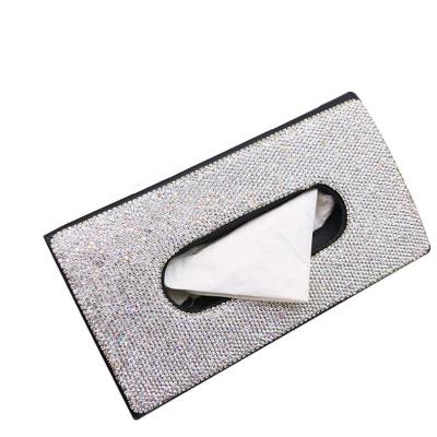 China Luxury PU Leather+Rhinestone Napkins Sunshade Car Bling Box Tissue Box Glitter Box for sale