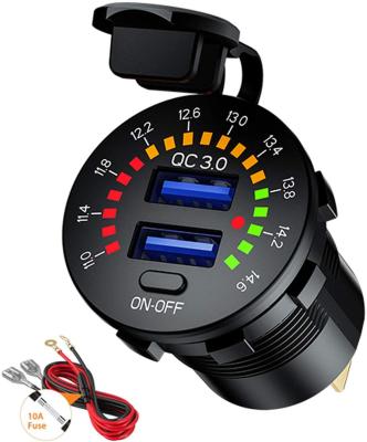 China Mobile Phone Fast Charging 3.0 Dual USB Car Charger Socket with Colorful Voltmeter and On/Off Switch, 12V USB Outlet for Car Marine Boat for sale