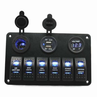 China Blue Marine Boat Circuit Dual USB 3.1A 12V Car Switch Panel ON-OFF 6 Strip LED Rocker Switch for sale