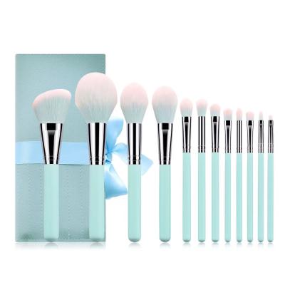 China 12 Pcs Makeup Brush Set / Skin-Friendly Wholesale Light Blue Wooden Kit With PU Leather Bag / Pouch for sale