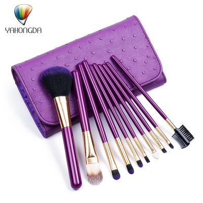 China Angular Blush New Style 10pcs Purple Pouch Make Up Tool Travel Portable Powder Makeup Brush With Bag for sale