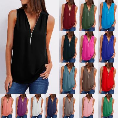 China YFF6196 QUICK DRY Wholesale Chiffon Loose Zipper V-Neckline Summer Tops Tank Tops Women's Sleeveless Tank Tops Women for sale