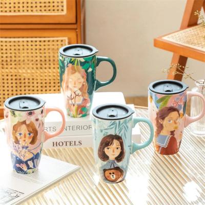 China Sustainable Pretty Girl 550ml Ceramic Mugs With Sealed Lid Large Capacity Ceramic Travel Mugs Big Mug For Tea Water Gift For Her Mother Daughter for sale