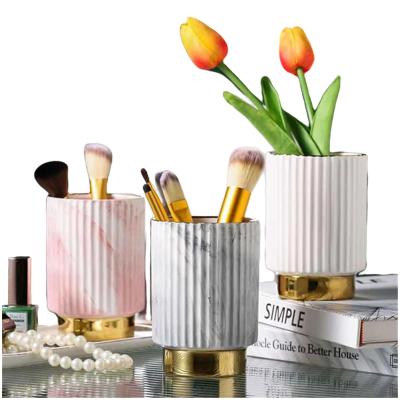 China Modern Luxury Marble Ceramic Cup Holder Viable Vertical Stripes Storage For Makeup Brush Pen Flowers Table Desktop Dispenser Home Decor for sale