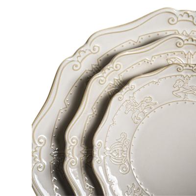 China Retro Disposable Ceramic Tableware Dish Western Style Dessert Noodle Soup Bowl Rice Dish European Relief Dish for sale