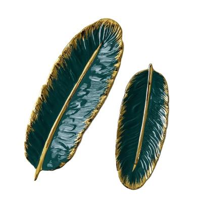 China Viable Multi Colors Wedding Decorative Feather Shape Nordic Luxury Ceramic Decoration Serving Dish Jewelry Tray for sale