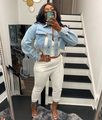 China Breathable Denim Chain Coat For Women Casual Ripped Short Jean Jacket Irregular Cropped Girls Jean Tops Plus Size Female Chaquetas Mujer for sale