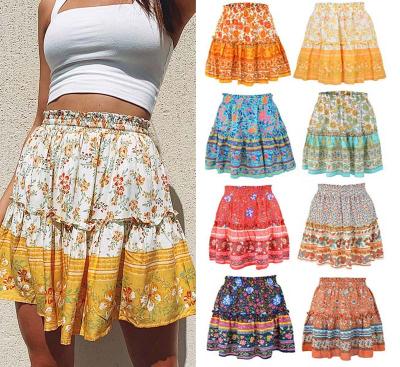 China Breathable Bohemian Flower Printing Women's High Waist Ruffle Skirt Flared Boho Mini Skirt Pleated Line for sale