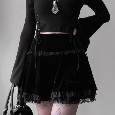 China Mini Skirts Women Vintage Harajuku Lace Ruffles Skirt Velvet Pleated Breathable Gothic Aesthetic Emo Alt Clothes High Waist Goth Mall for sale