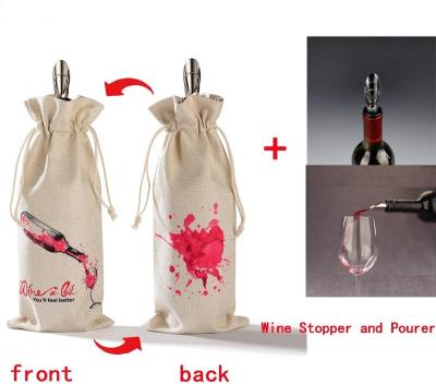 China Eco-Friendly Custom Stylish Printable Jute Wine Bottle Bags With Drawstring for sale