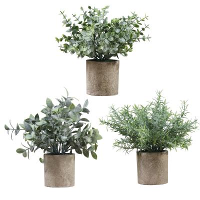 China Natural Touch 3 Pack Mini Potted Plants Artificial Plastic Eucalyptus Plants For Home Office Office Room Decoration for sale