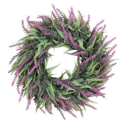 China Natural Touch Artificial Lavender Flowers Wreath with Green Grass for Front Door Boxwood Wall Home DIY Garden Office Wedding Decoration for sale