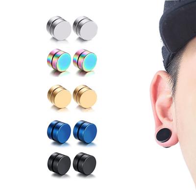 China Environmental protection material fashion magnetite Korean round men's stainless steel titanium steel earrings double-sided fake magnet without pierced ears for sale