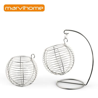 China Sustainable Ball Shape Hanging Stainless Steel Swing Fruit Basket for sale