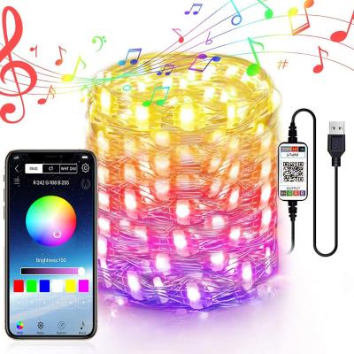 China Led Colors Beat Syn To Music Outdoor Decoration Multicolors Christmas Lights Waterproof RGB Blue Tooth APP Controlled Music LED Copper Wire String Lights for sale