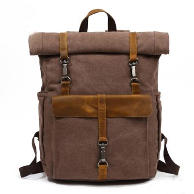 China Waterproof Fashion Personalized Canvas Leather Backpack Bag Roll Up Top Rucksack Backpack for sale