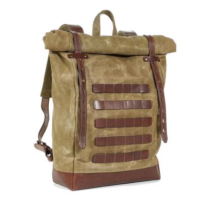 China Waterproof Top Waxed Canvas Roll Up Backpack Canvas Leather Travel Backpack Outdoor Bag for sale