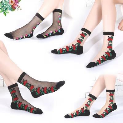 China QUICK DRY women thongs summer ultra thin transparent socks flower Rose Cute Very Cheap Socks for sale